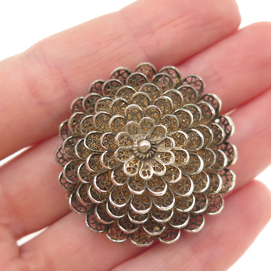 835 Silver Gold Plated Vintage Portugal Flower Filigree Pin Brooch