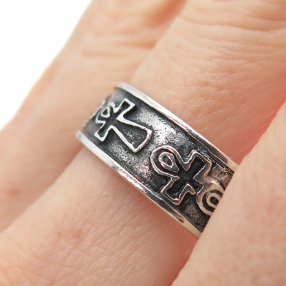 925 Sterling Silver Vintage Egyptian Ankh Oxidized Band Ring Size 12.25