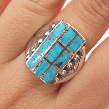 Old Pawn 925 Sterling Silver Vintage Southwestern Turquoise Ring Size 10.75