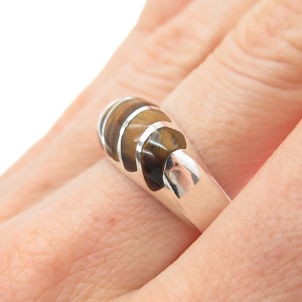 925 Sterling Silver Vintage Mexico Real Tiger Eye Modernist Ring Size 7