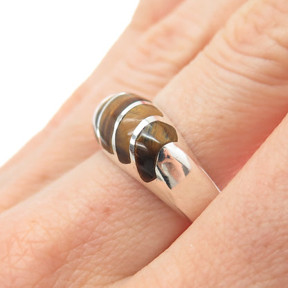 925 Sterling Silver Vintage Mexico Real Tiger Eye Modernist Ring Size 7