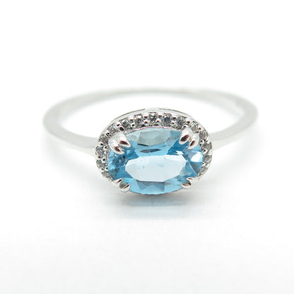 925 Sterling Silver Real Blue Topaz & Round-Cut C Z Ring Size 7.25