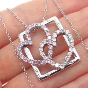 925 Sterling Silver Round-Cut Pink & White C Z Heart Cable Chain Necklace 18"
