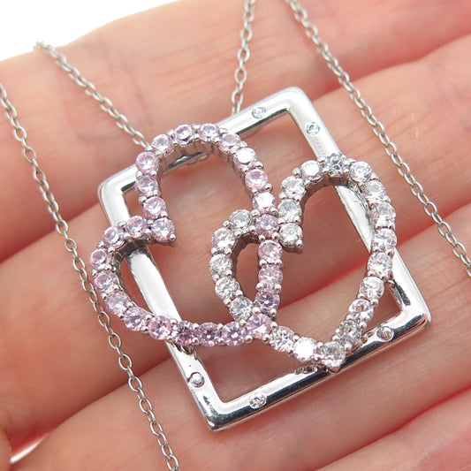 925 Sterling Silver Round-Cut Pink & White C Z Heart Cable Chain Necklace 18"