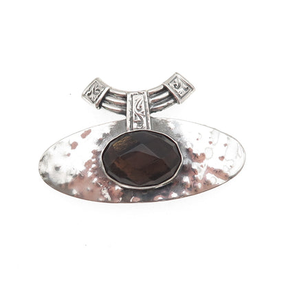 925 Sterling Silver Vintage Real Smoky Quartz Modernist Hammered Slide Pendant