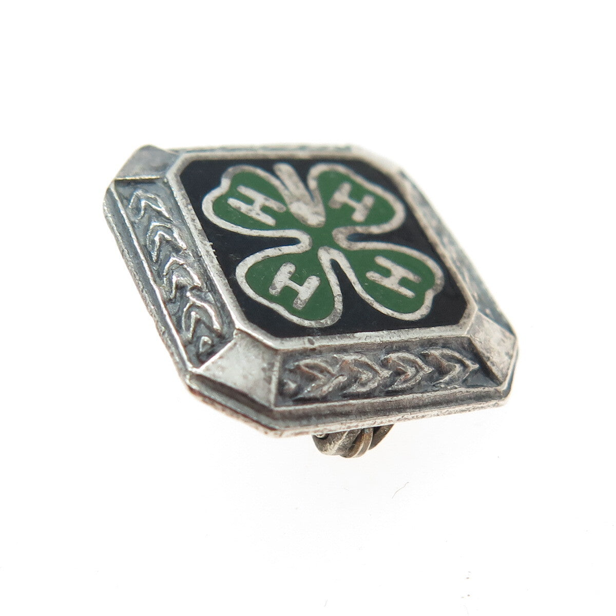 925 Sterling Silver Vintage Enamel 4-H Club Membership Achievement Pin Brooch