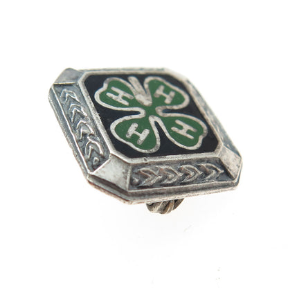 925 Sterling Silver Vintage Enamel 4-H Club Membership Achievement Pin Brooch