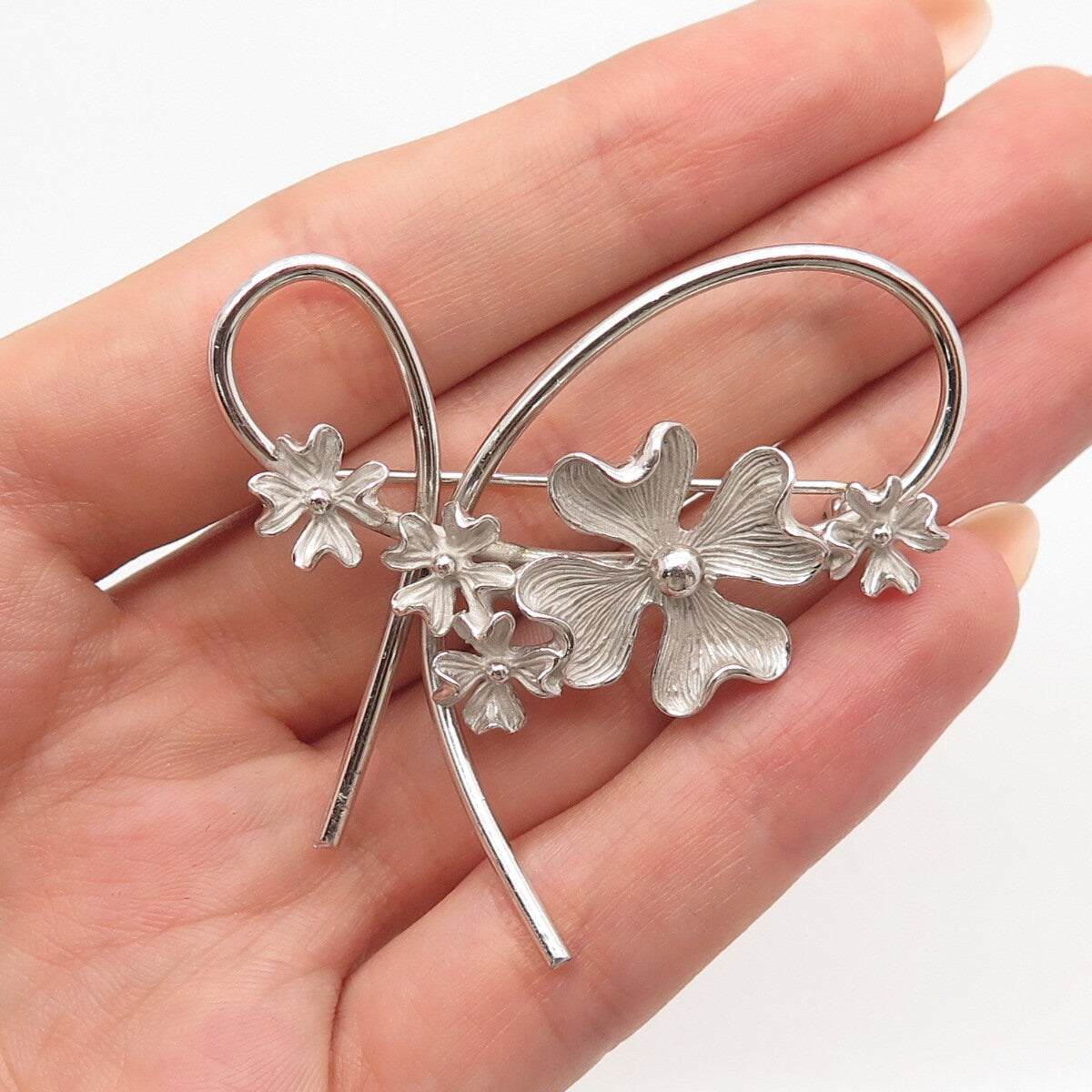 925 Sterling Silver Vintage Beau Floral Pin Brooch
