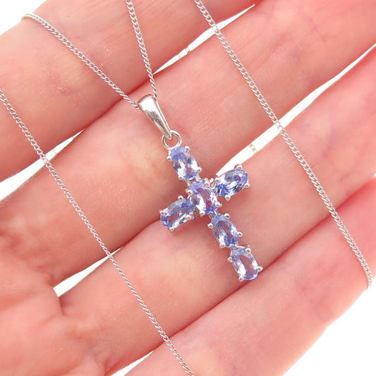 Chuck Clemency 925 Sterling Silver Real Tanzanite Cross Cuban Chain Necklace 20"
