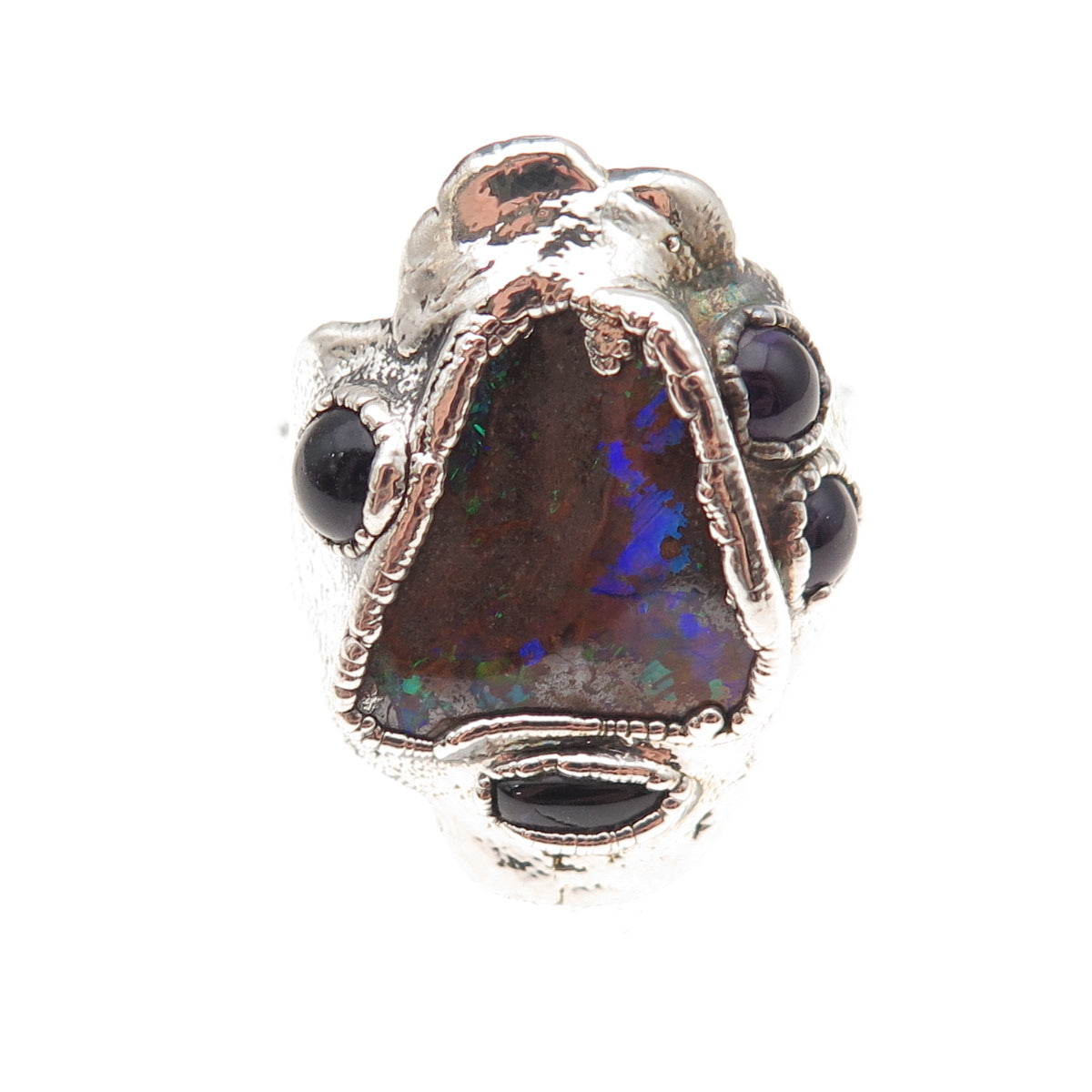 925 Sterling Silver Vintage Real Boulder Opal & Amethyst Modernist Ring Size 10