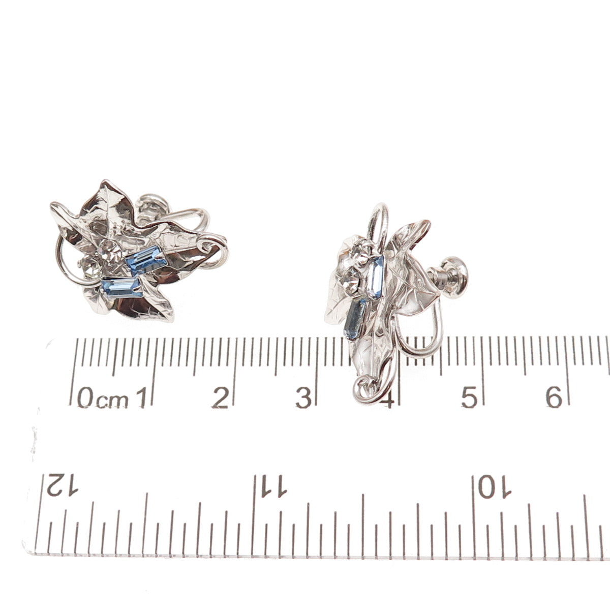 Carl Art 925 Sterling Vintage Blue & White Rhinestone Floral Screw Back Earrings