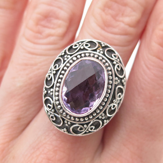 925 Sterling Silver Vintage Real Amethyst Scroll Oxidized Ring Size 7