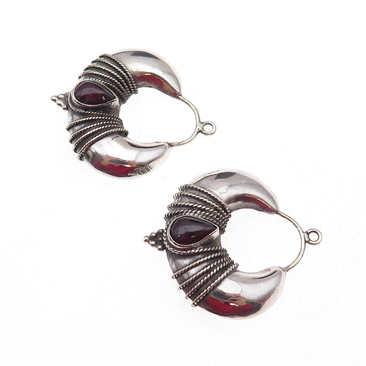Silver Plated Vintage Real Rhodolite Modernist Oxidized Jacket Earrings