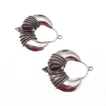 Silver Plated Vintage Real Rhodolite Modernist Oxidized Jacket Earrings
