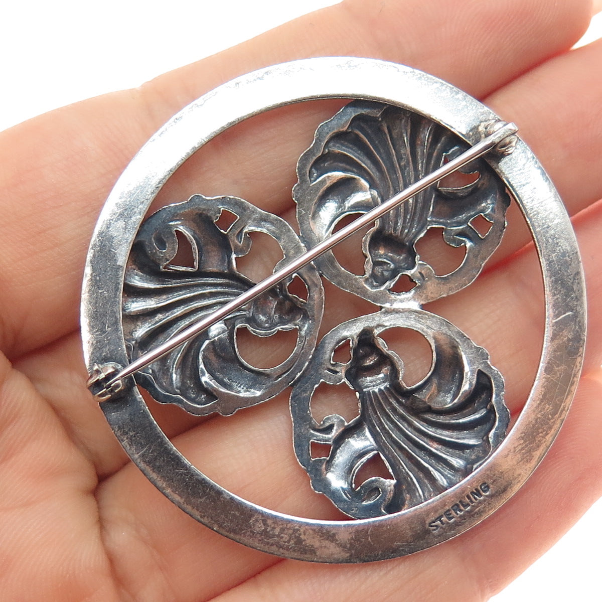 925 Sterling Silver Antique Art Deco Floral Oxidized Pin Brooch