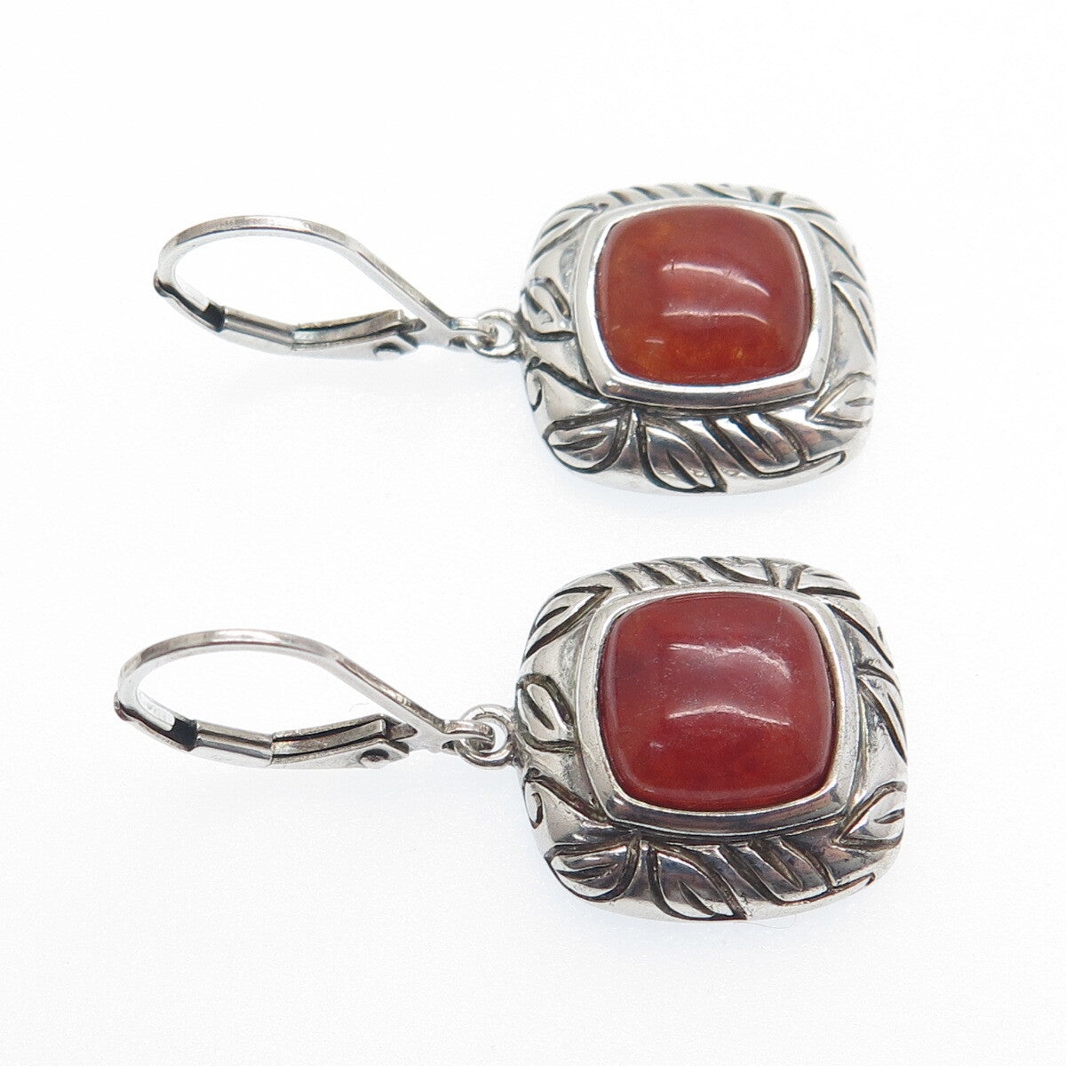 ROSS SIMONS 925 Sterling Silver Vintage Real Red Jade Cushion Dangle Earrings