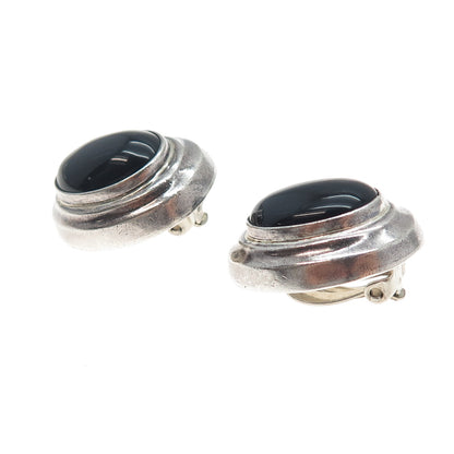 925 Sterling Silver Vintage Mexico Real Black Onyx Oxidized Clip On Earrings