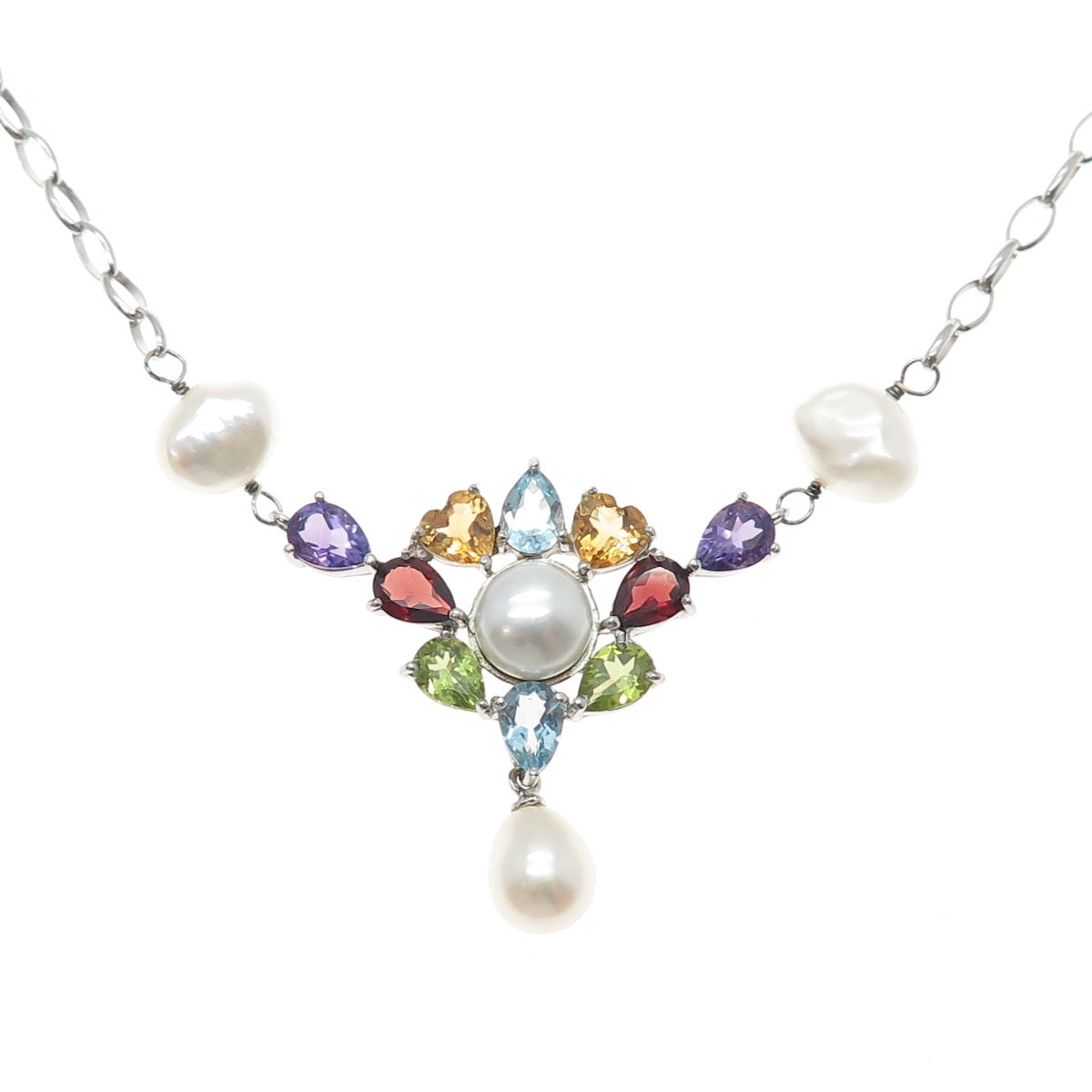 925 Sterling Silver Pearl Topaz Amethyst Peridot Citrine Garnet Necklace 18-20"