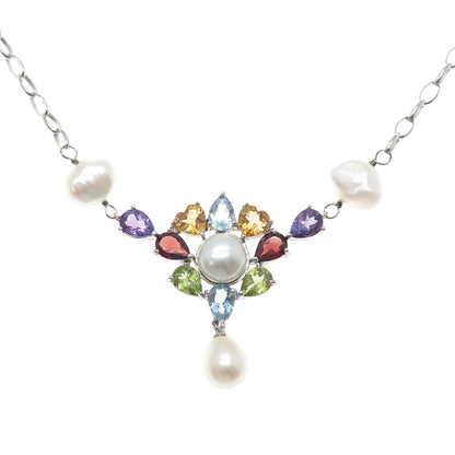 925 Sterling Silver Pearl Topaz Amethyst Peridot Citrine Garnet Necklace 18-20"
