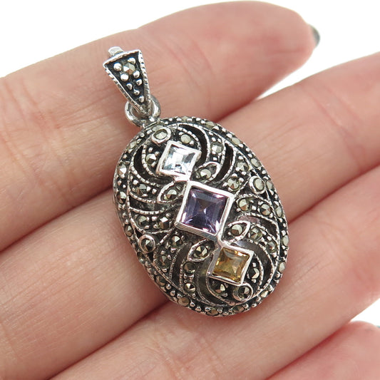 925 Sterling Silver Vintage Real Amethyst Topaz Citrine Marcasite Locket Pendant