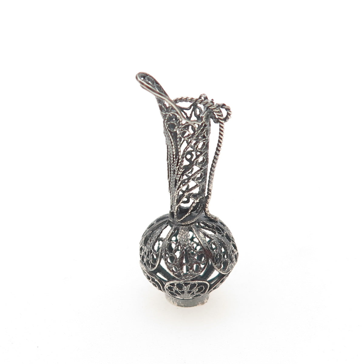 800 Silver Antique Art Deco Jug Filigree Oxidized 3D Charm Pendant