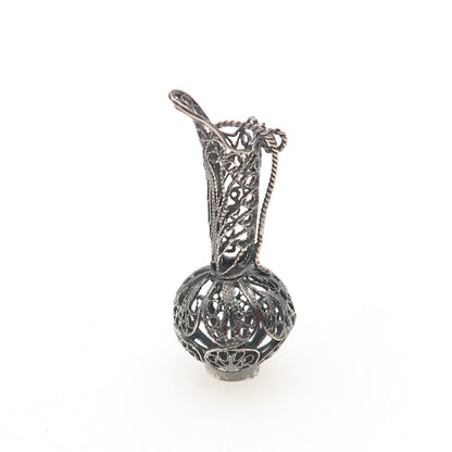 800 Silver Antique Art Deco Jug Filigree Oxidized 3D Charm Pendant