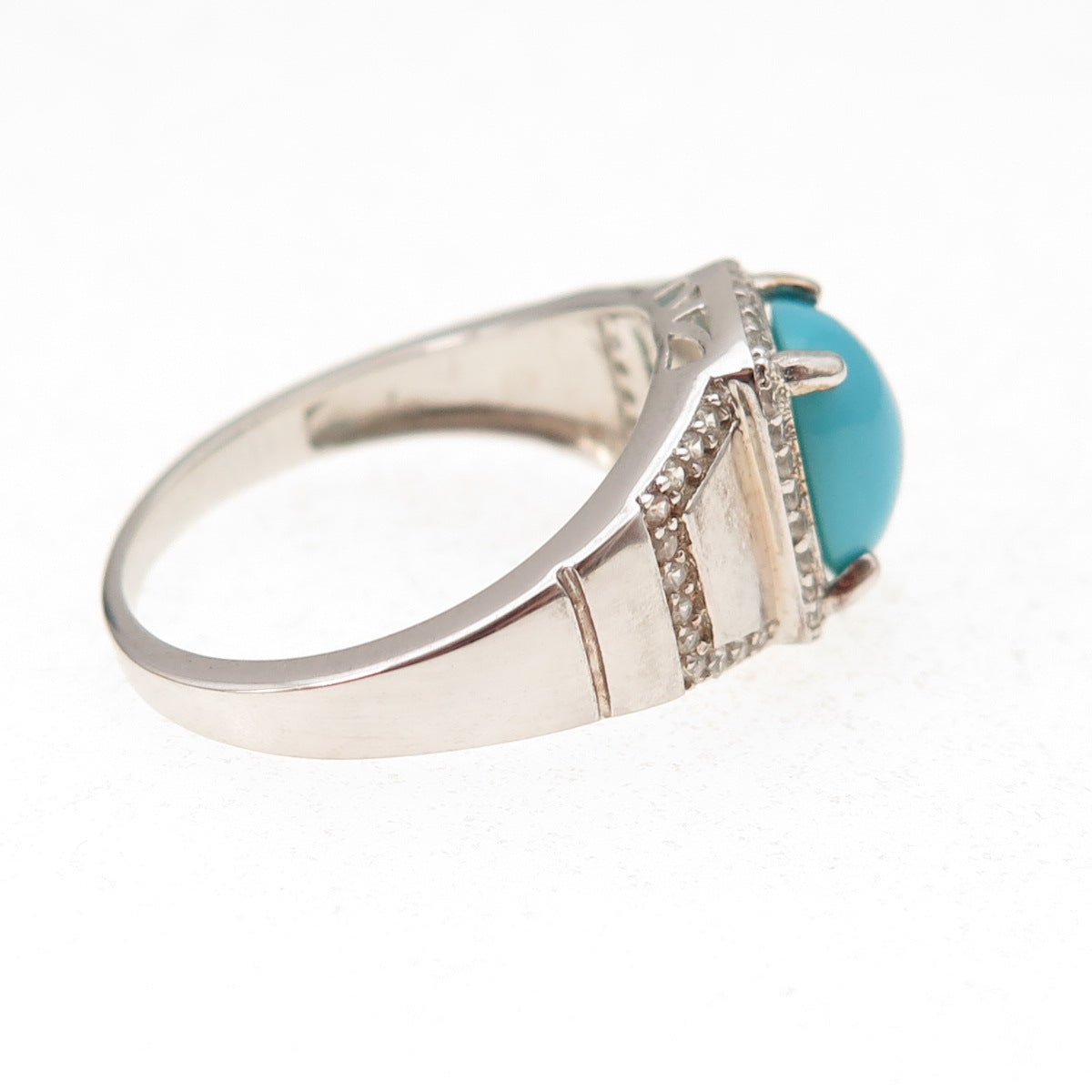 925 Sterling Silver Real Sleeping Beauty Turquoise & White Topaz Ring Size 8.25