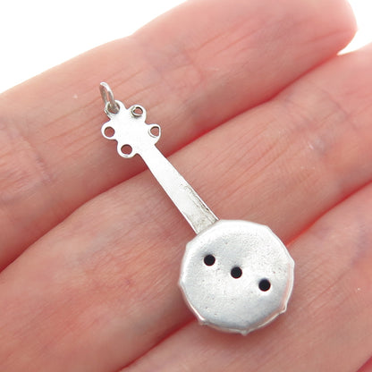925 Sterling Silver Antique Art Deco Banjo Minimalist Oxidized 3D Charm Pendant