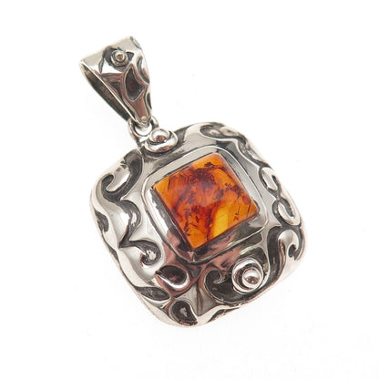 925 Sterling Silver Vintage Real Amber Ornate Oxidized Charm Pendant