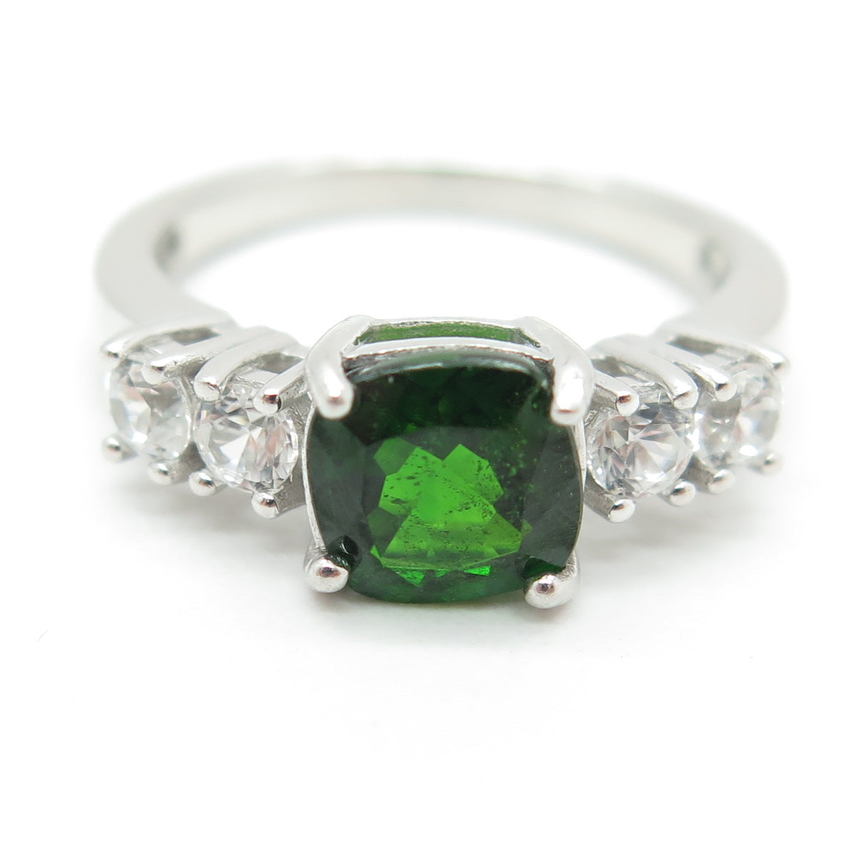 925 Sterling Silver Real Cushion-Cut Green Tourmaline White Topaz Ring Size 6.25