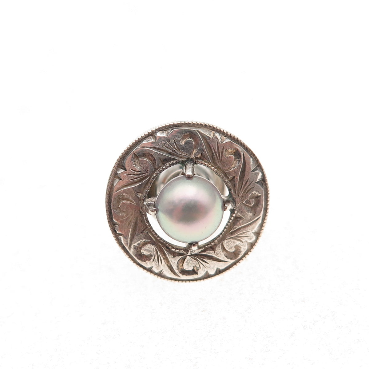925 Sterling Silver Antique Art Deco Real Pearl Floral Tie Tack / Lapel Pin