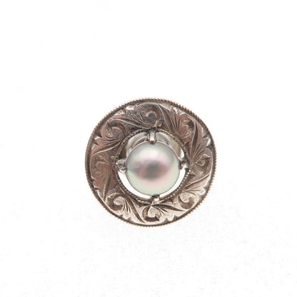 925 Sterling Silver Antique Art Deco Real Pearl Floral Tie Tack / Lapel Pin