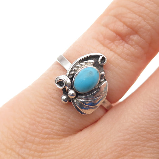 Old Pawn 925 Sterling Silver Vintage Turquoise Floral Oxidized Ring Size 4.75