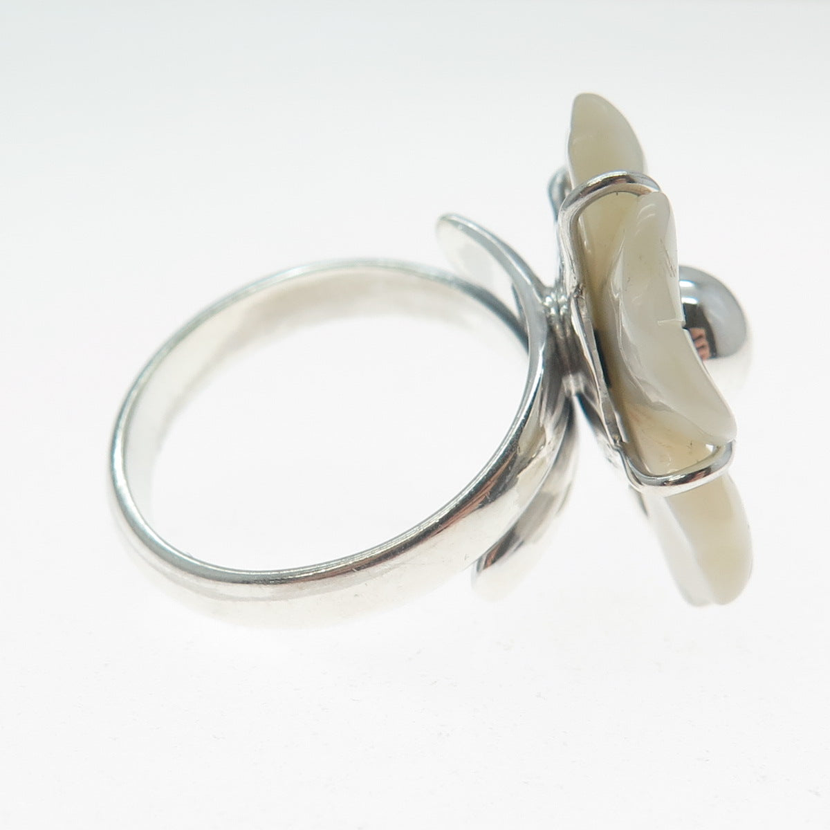 RIDER 950 Silver Vintage Real Carved MOP Flower Adjustable Ring Size 8.5