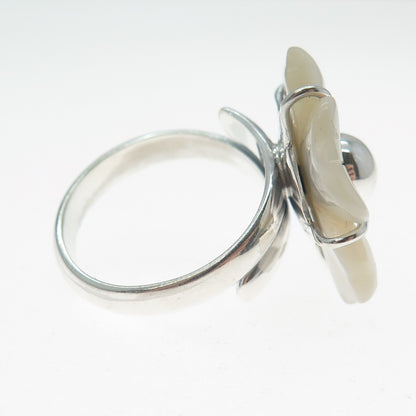 RIDER 950 Silver Vintage Real Carved MOP Flower Adjustable Ring Size 8.5