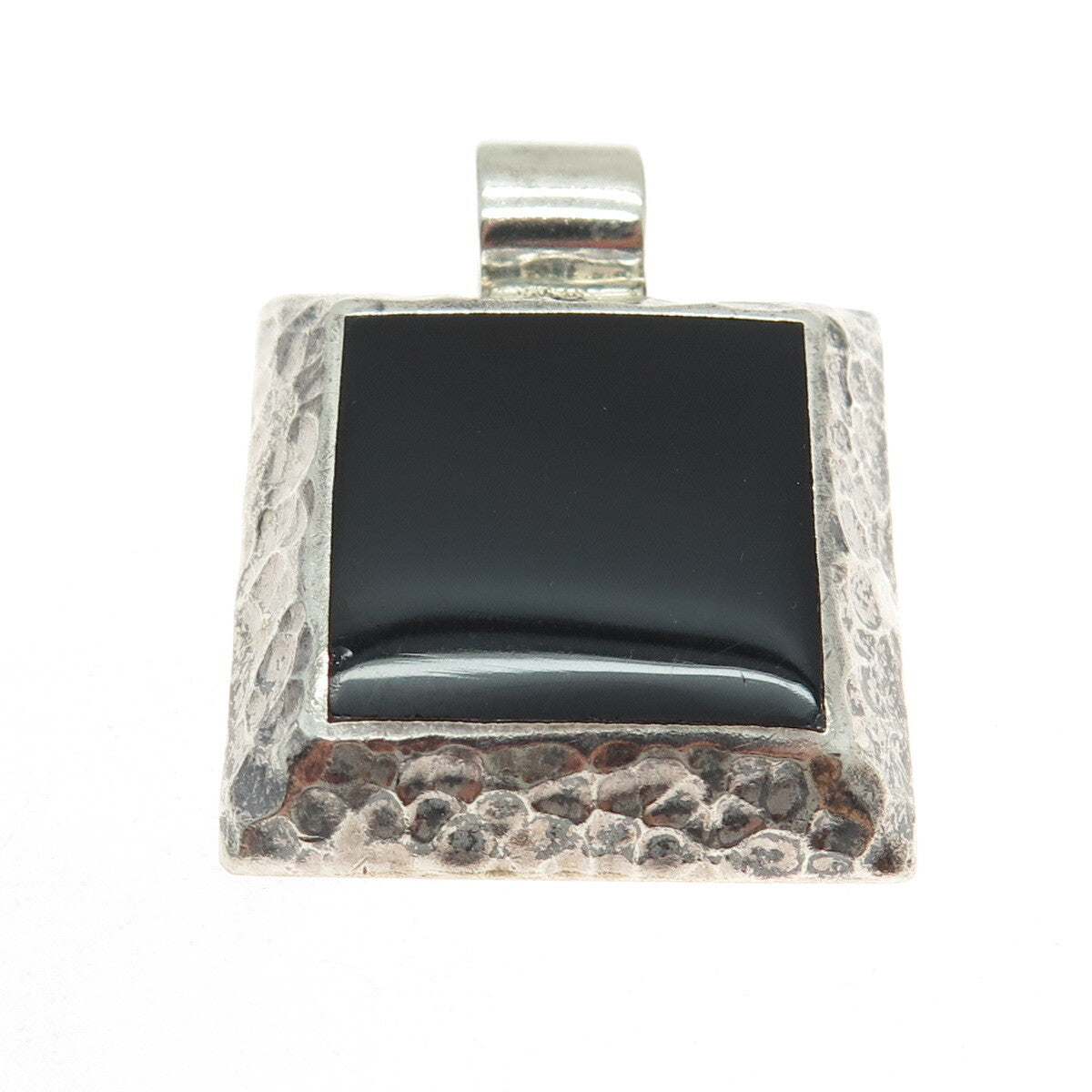 925 Sterling Silver Vintage ATI Mexico Real Black Onyx Hammered Pendant