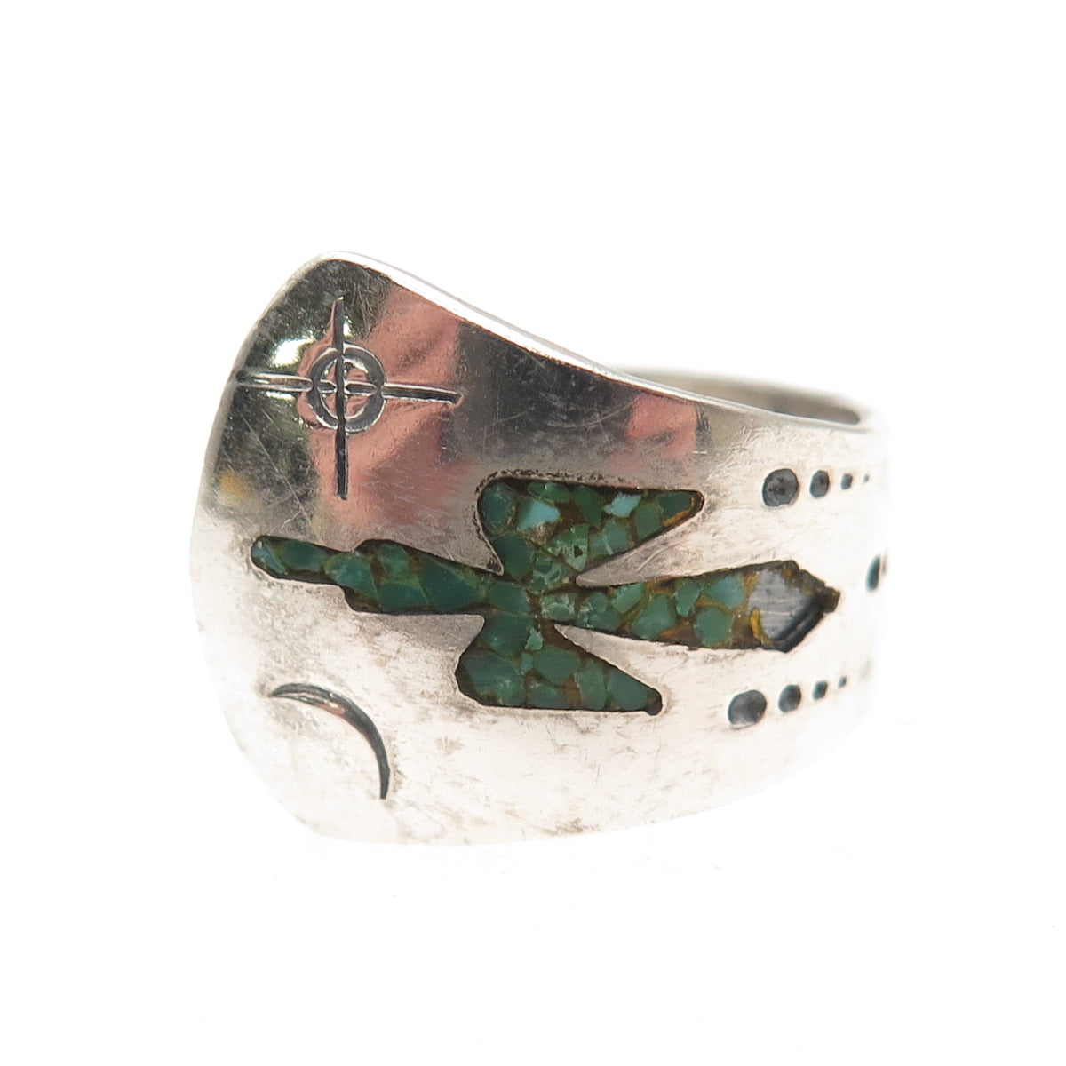 Charlie Singer Navajo Old Pawn 925 Sterling Turquoise Inlay Peyote Ring Size 8