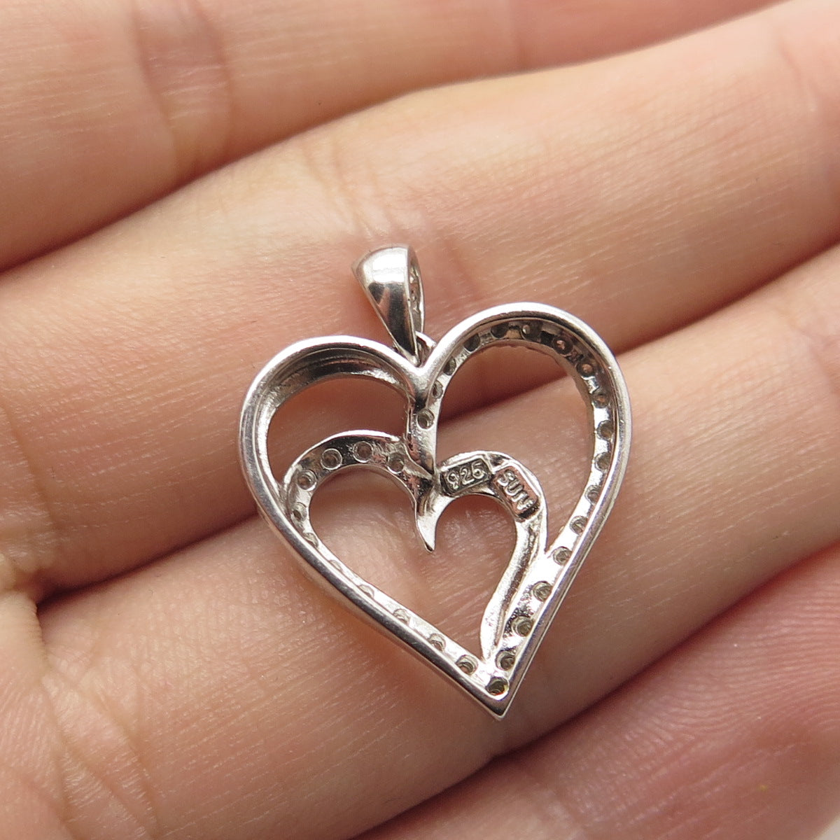 SUN 925 Sterling Silver Real Round-Cut White Diamond Heart Pendant