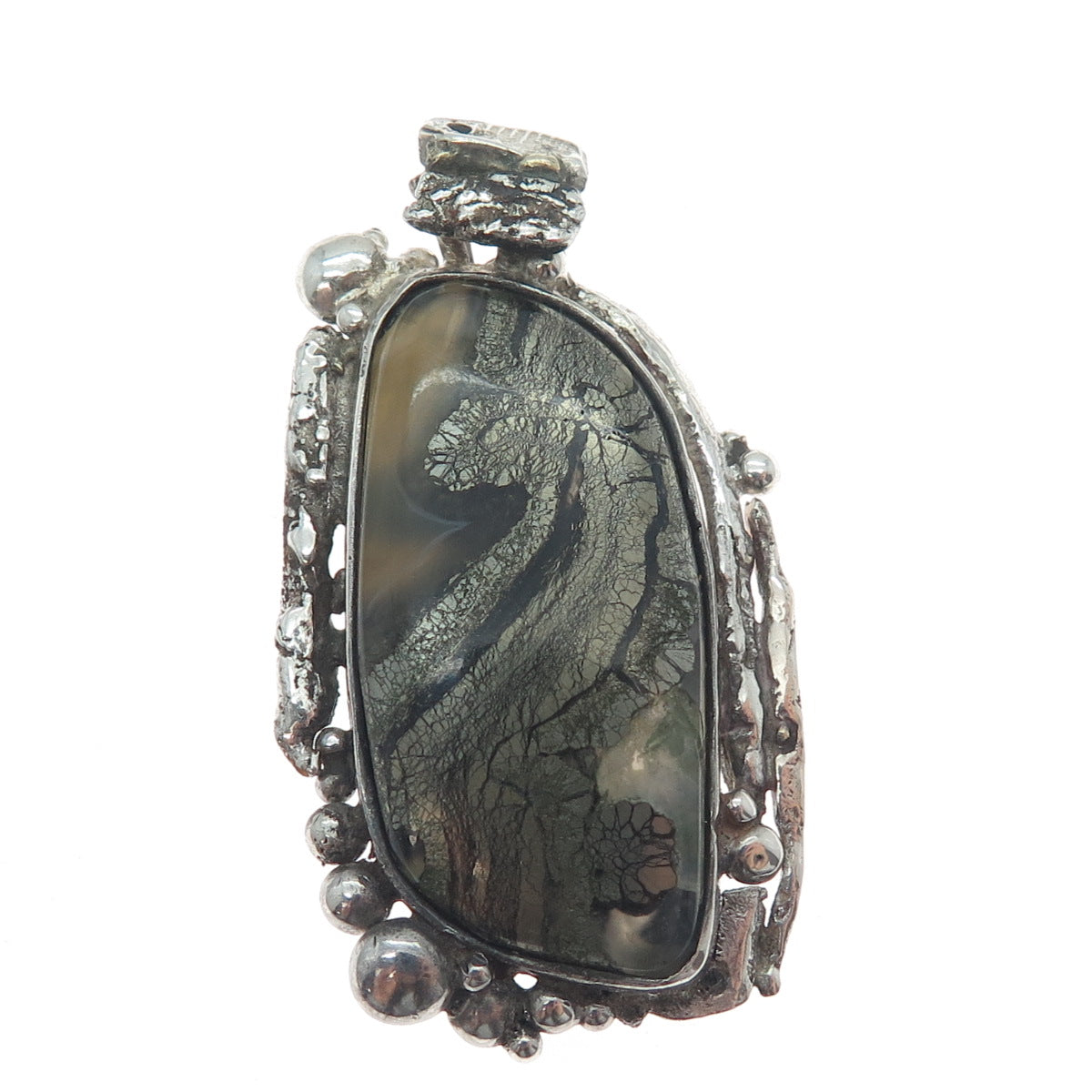 925 Sterling Silver Vintage Real Pyrite Agate Gem Modernist Slide Pendant