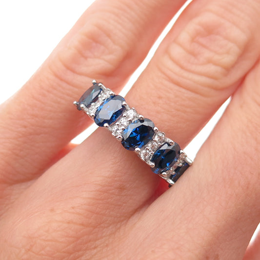 925 Sterling Silver Oval-Cut Blue & Round-Cut White C Z Ring Size 6