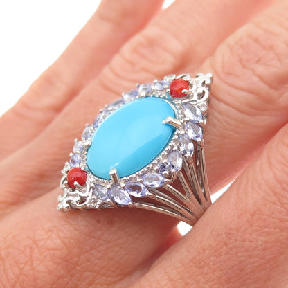 Chuck Clemency 925 Sterling Silver Real Turquoise Tanzanite & Coral Ring Size 8