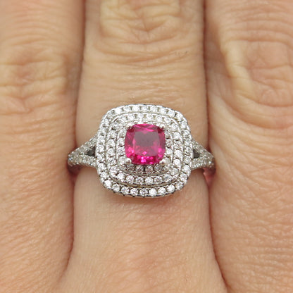 925 Sterling Silver Cushion-Cut Lab-Created Pink Sapphire & C Z Ring Size 7