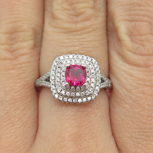 925 Sterling Silver Cushion-Cut Lab-Created Pink Sapphire & C Z Ring Size 7