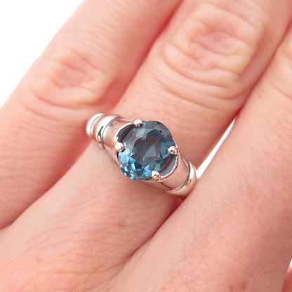 925 Sterling Silver Vintage Real London Blue Topaz Modernist Ring Size 5.75