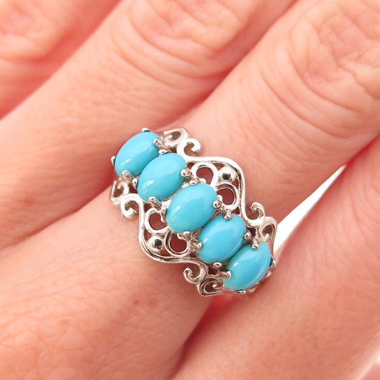 925 Sterling Silver Real Sleeping Beauty Turquoise Swirl Ring Size 8