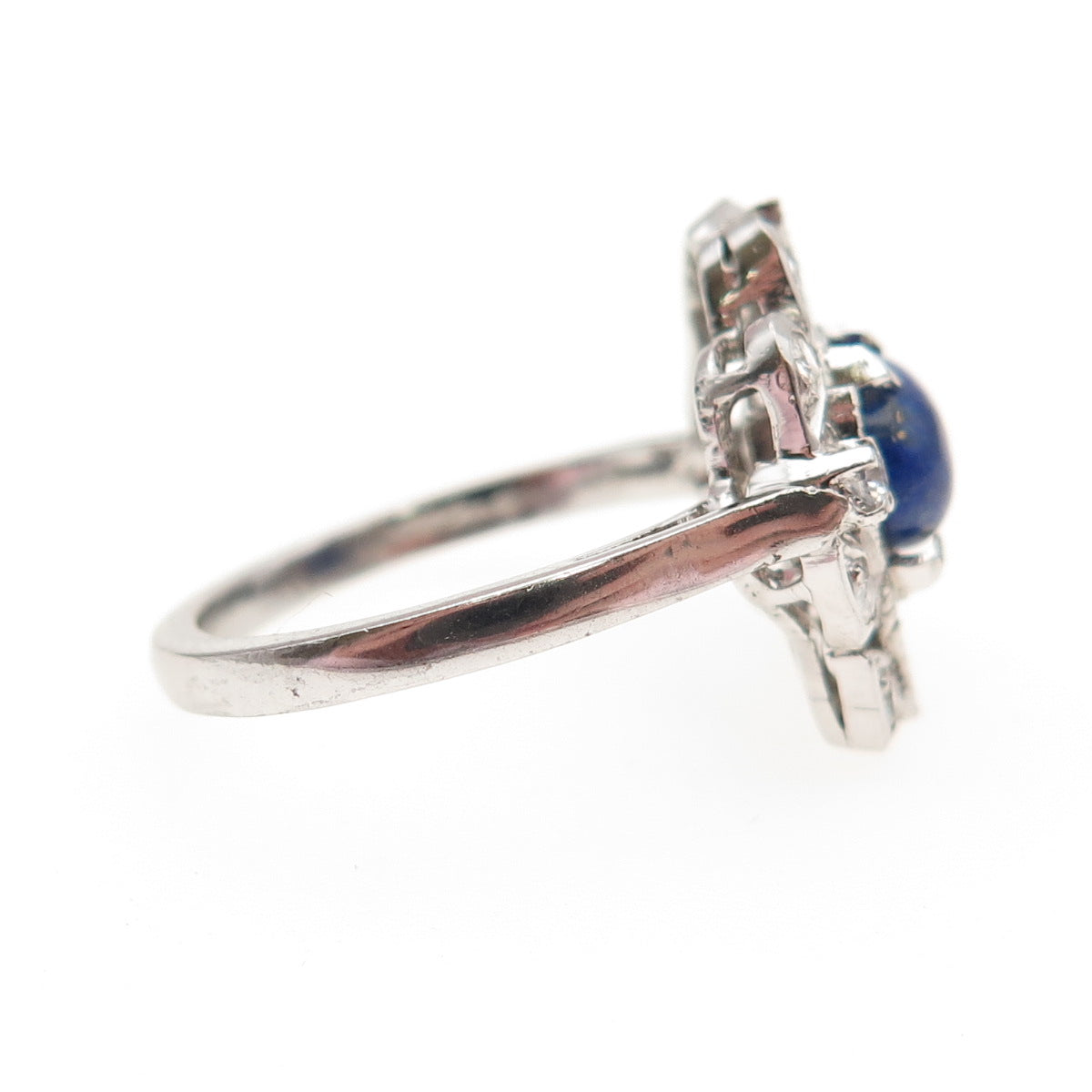 925 Sterling Silver Real Lapis Lazuli & C Z Cluster Ring Size 7