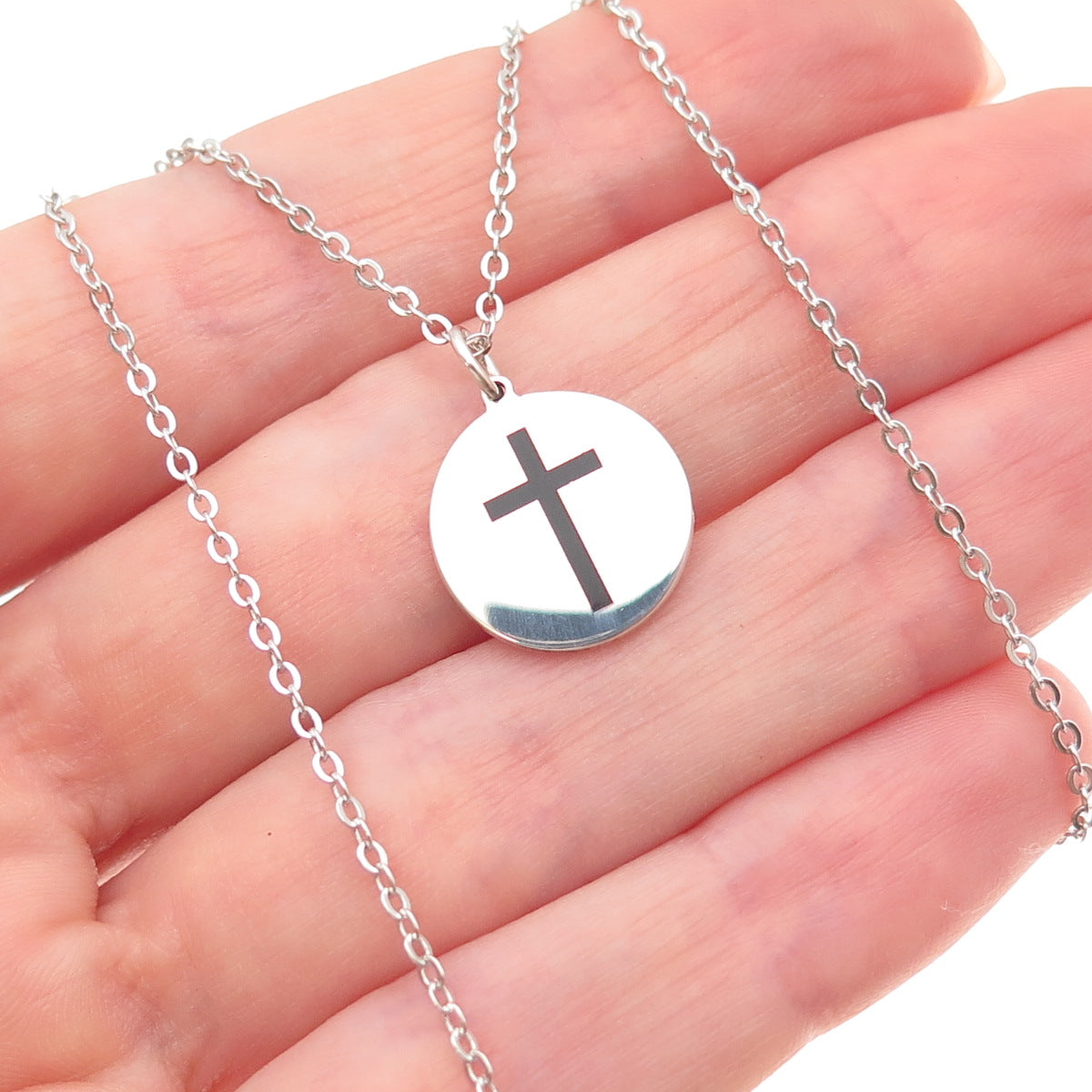 925 Sterling Silver Black Enamel Cross Round Tag Cable Chain Necklace 18"
