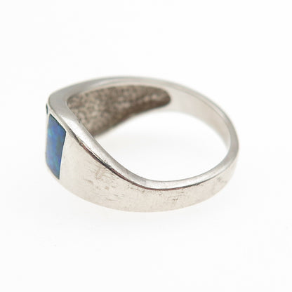 925 Sterling Silver Vintage Real Opal Modernist Wavy Ring Size 7.75