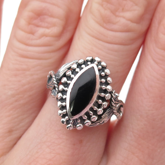 925 Sterling Silver Vintage Real Black Onyx Feather Beaded Oxidized Ring Size 7