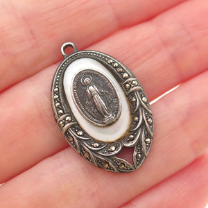 925 Sterling Silver Antique Art Deco Real MOP & Marcasite St. Mary Charm Pendant
